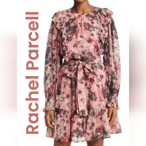 Rachel Parcell Womens Dress Sz 8 Pink floral High Neck Chiffon Ruffles **READ**